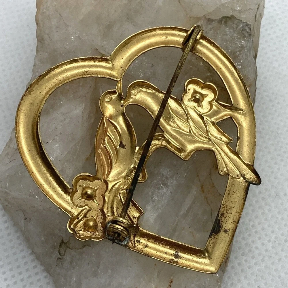 Vintage Lot of 4 Gold Tone Silver Tone Heart Brooch Birds Rhinestone Faux Pearl